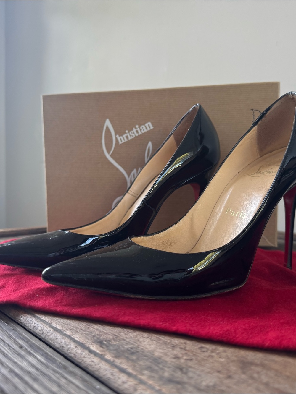 Christian Louboutin Black Patent Pointed-Toe Stiletto Pumps with Red Soles